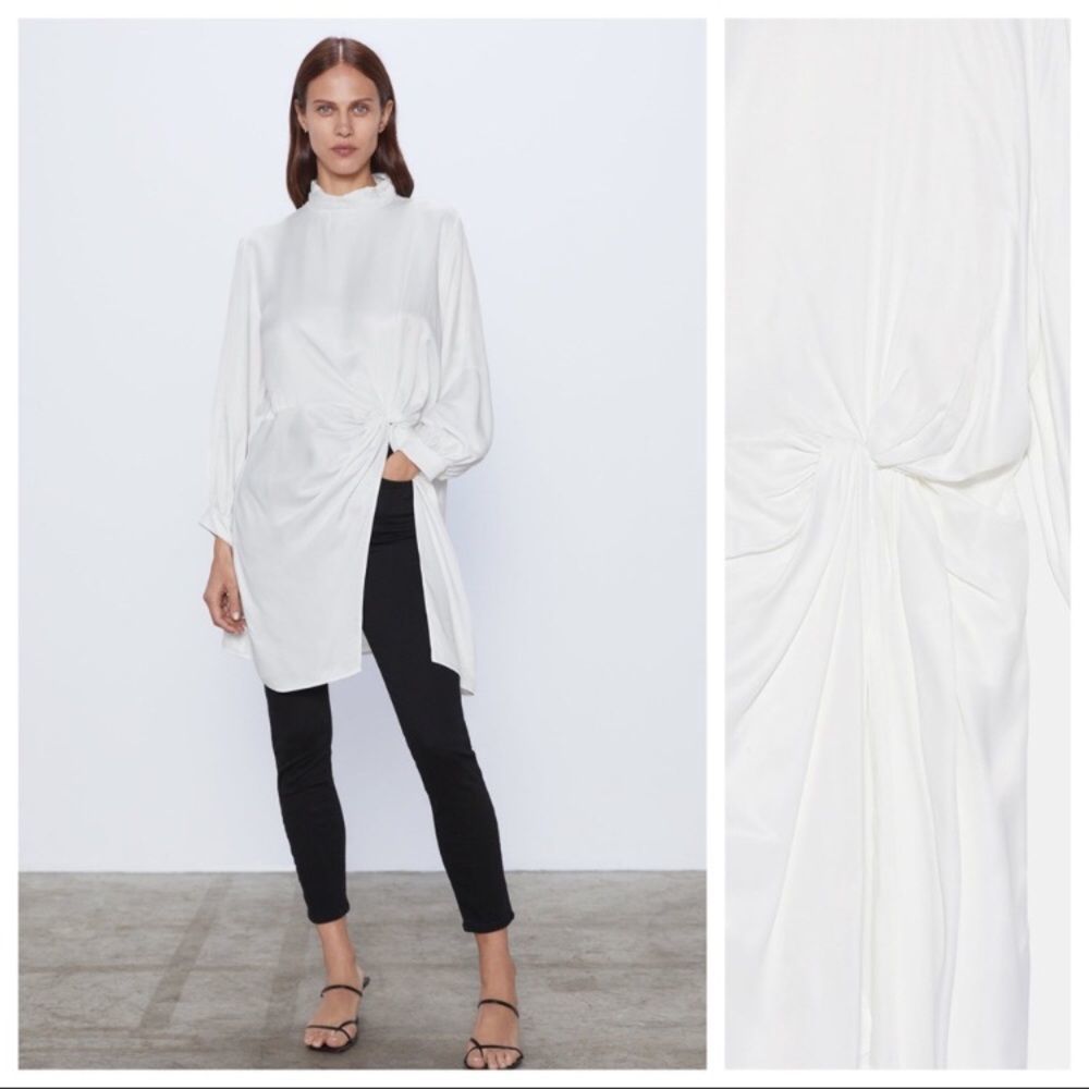 Zara White Satin Effect BLOUSE WITH FRONT KNOT New! - Picture 6 of 8